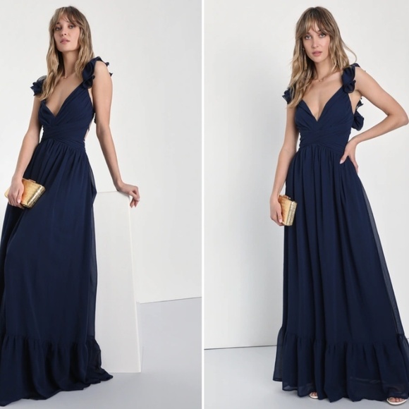 LULU's Prom Wedding Sexy Boho Flowy Romantic Ruffle Corset Tie Back Maxi Dress - Picture 4 of 5